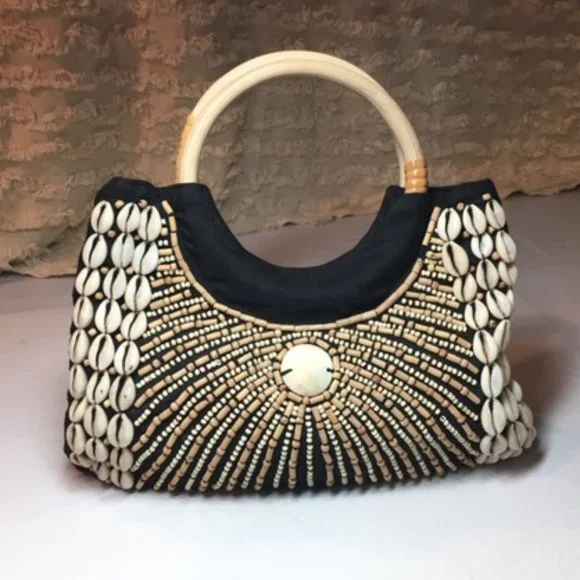 LIKE NEW Silk Purse Black w/Beads, Cowrie Shells Wooden Handle Handbag 11.5"x 8" - Picture 4 of 8